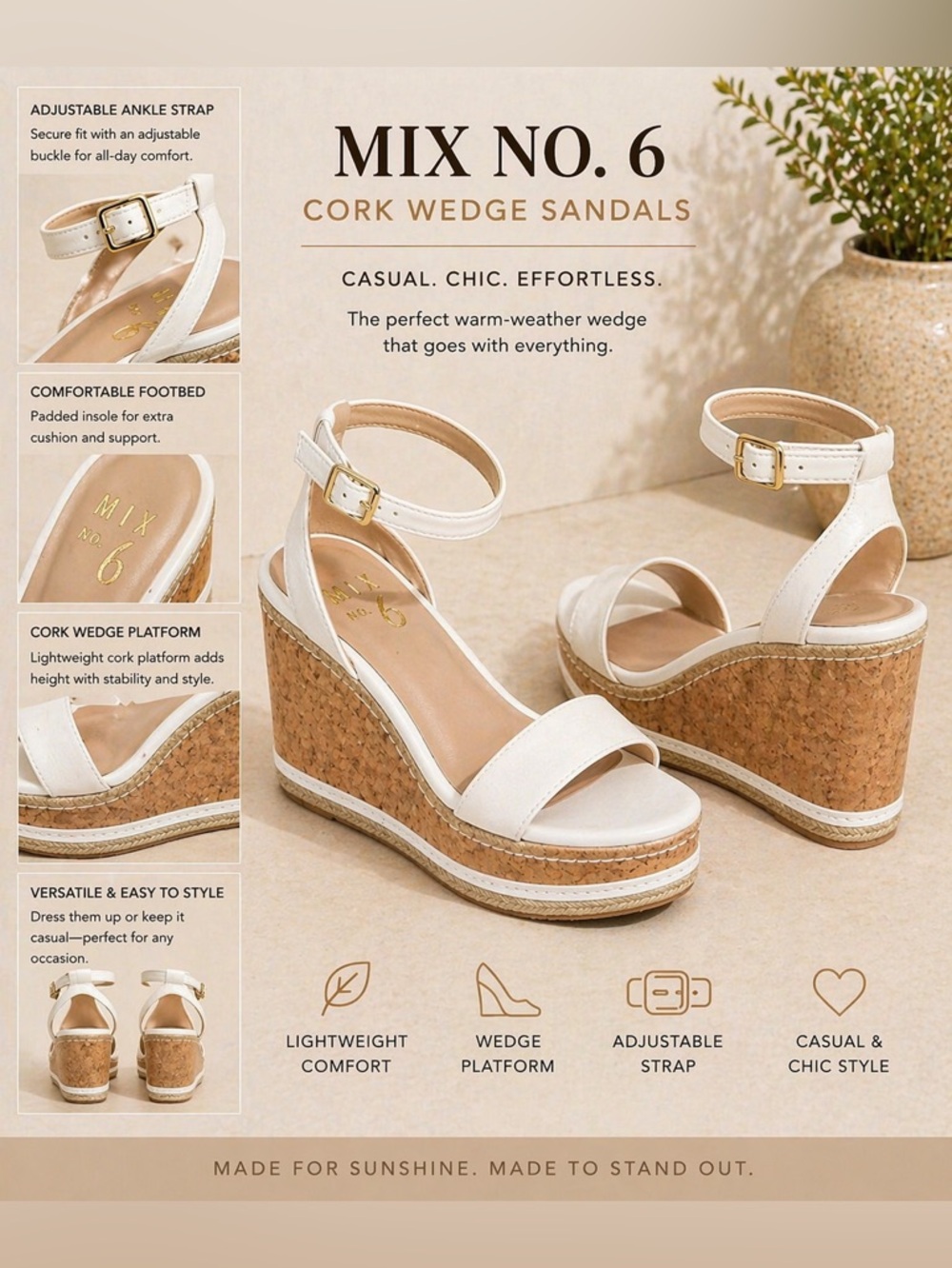 Mix No. 6 White Cork Wedge Sandals with Ankle Strap size11